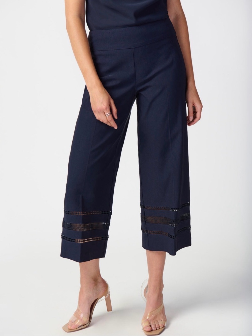 Joseph Ribkoff Navy Cropped Wide-Leg Pants with Ladder Trim